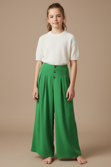 Pantalon À Pince Vert Plissé Fluide Taille Haute - Viscose
