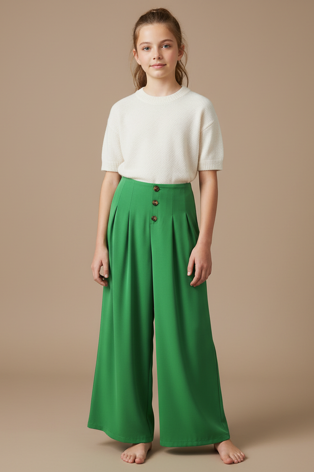 Pantalon À Pince Vert Plissé Fluide Taille Haute - Viscose
