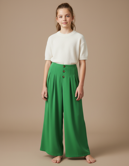 Pantalon À Pince Vert Plissé Fluide Taille Haute - Viscose