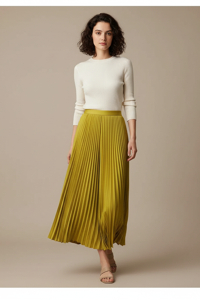 Pantalon À Pince Plissé Vert Fluide Ample Femme - Polyester