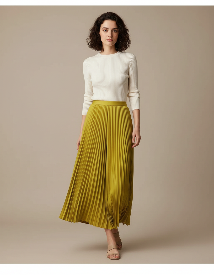 Pantalon À Pince Plissé Vert Fluide Ample Femme - Polyester