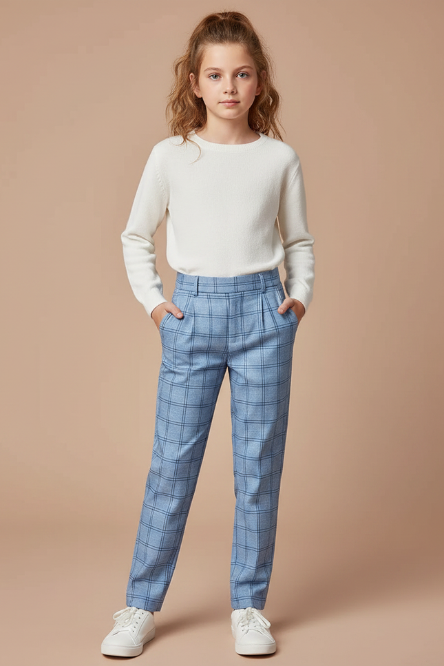 Pantalon À Pince Bleu Carreaux Plaid Enfant - Gabardine