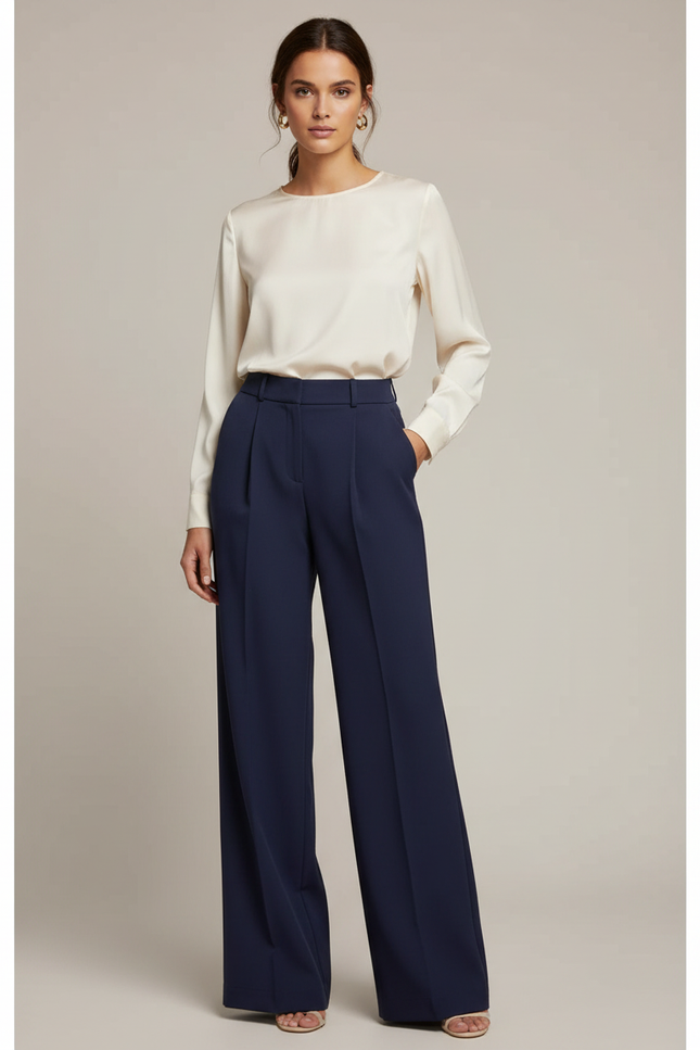 Pantalon À Pince Bleu Marine Ample Fluide Élégant Femme - Gabardine