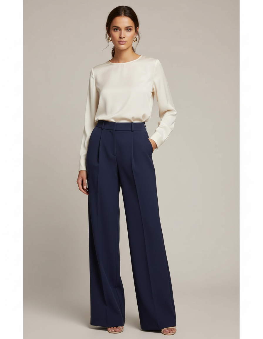 Pantalon À Pince Bleu Marine Ample Fluide Élégant Femme - Gabardine