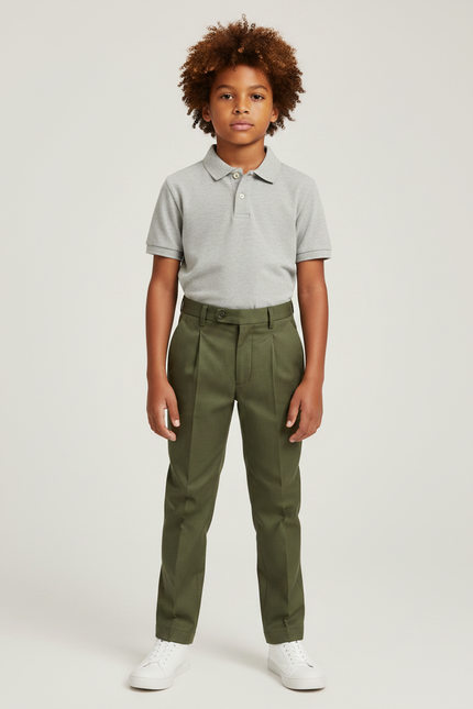 Pantalon À Pince Vert Olive Plissé Garçon Élégant - Gabardine