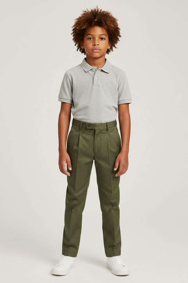 Pantalon À Pince Vert Olive Plissé Garçon Élégant - Gabardine