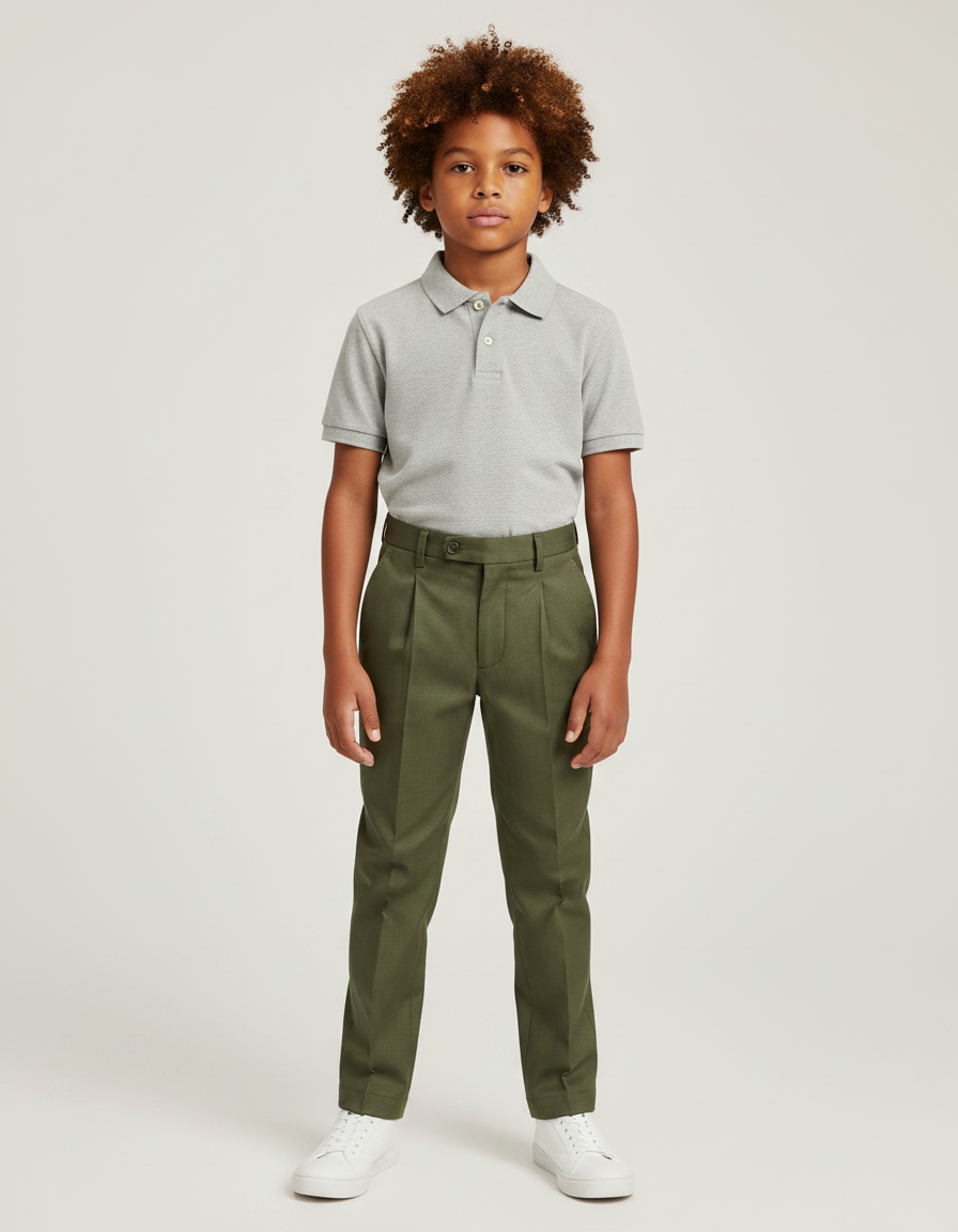 Pantalon À Pince Vert Olive Plissé Garçon Élégant - Gabardine