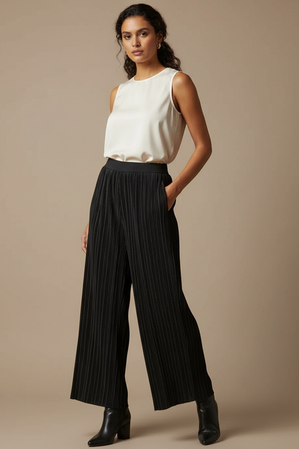 Pantalon À Pince Noir Plissé Fluide Élégant Femme - Polyester