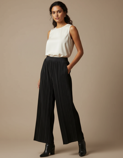 Pantalon À Pince Noir Plissé Fluide Élégant Femme - Polyester