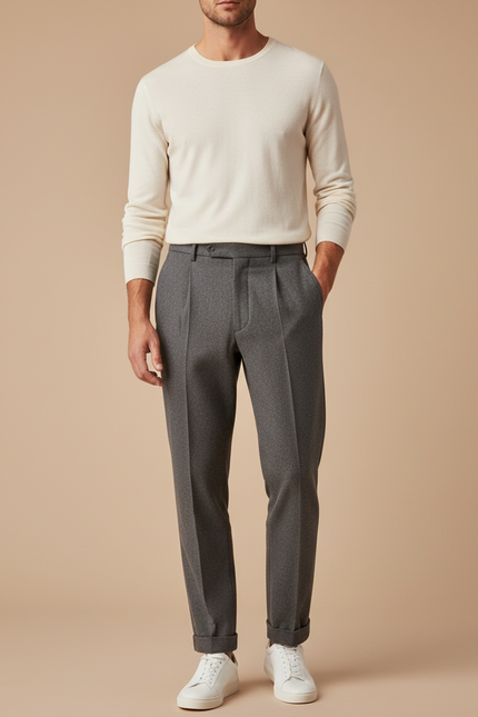 Pantalon À Pince Gris Anthracite Slim Plissé Élégant - Laine
