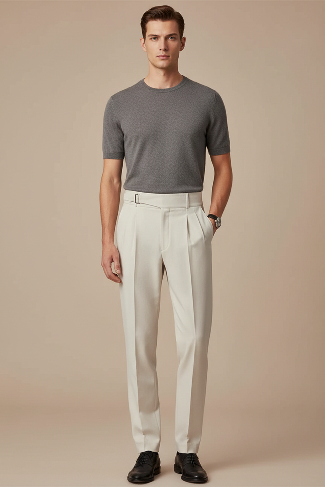Pantalon À Pince Crème Plissé Droit Décontracté Ceinturé - Beige Gabardine