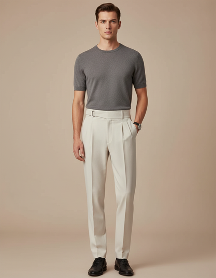 Pantalon À Pince Crème Plissé Droit Décontracté Ceinturé - Beige Gabardine