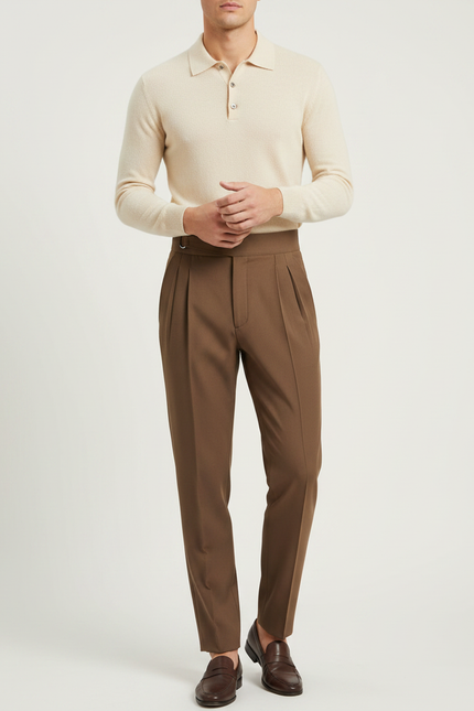 Pantalon À Pince Marron Plissé Laine Droit Élégant