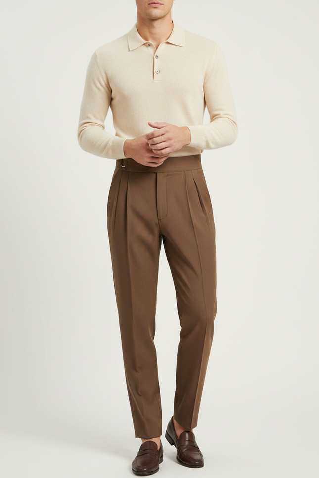 Pantalon À Pince Marron Plissé Laine Droit Élégant