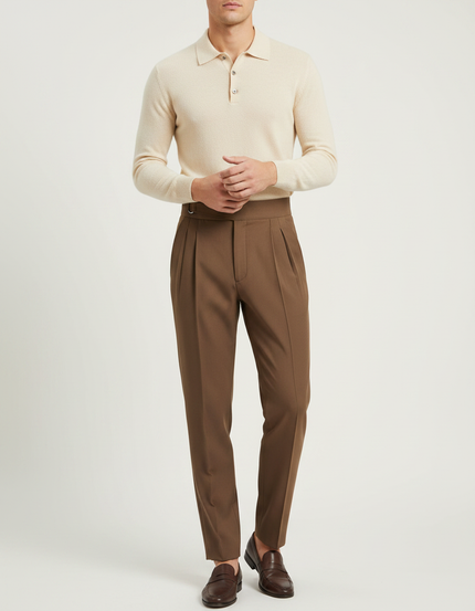 Pantalon À Pince Marron Plissé Laine Droit Élégant
