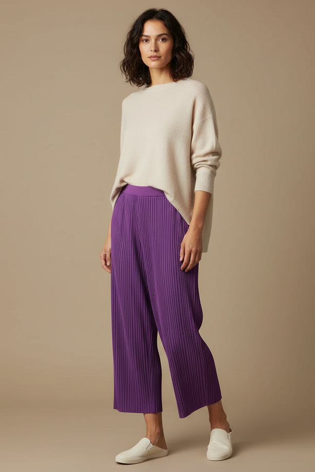 Pantalon À Pince Plissé Violet Ample Décontracté Fluide - Polyester