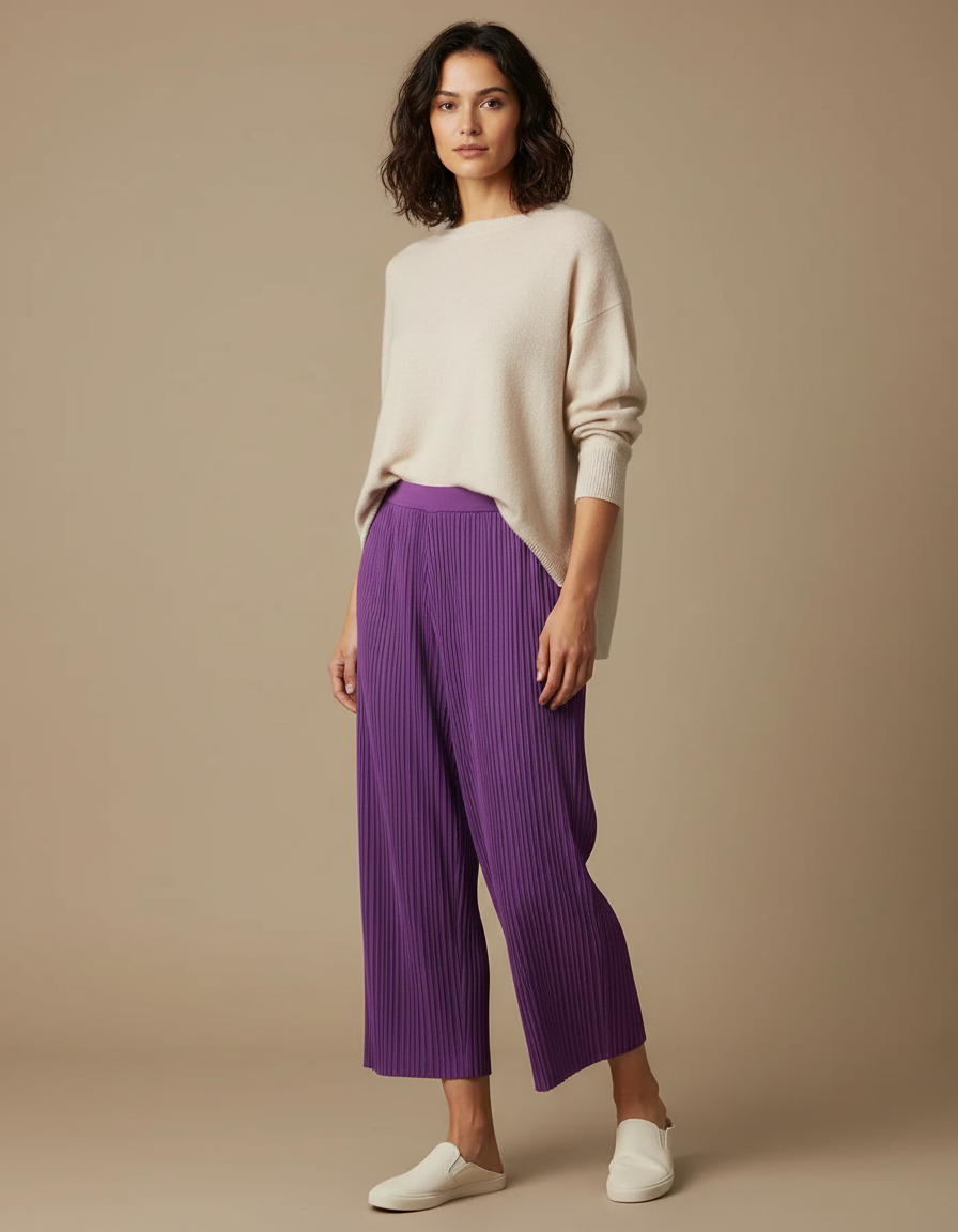Pantalon À Pince Plissé Violet Ample Décontracté Fluide - Polyester