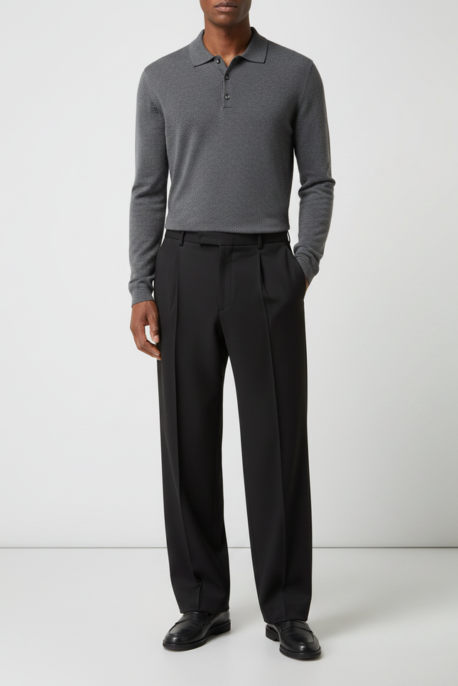 Pantalon À Pince Noir Droit Ample Plissé Élégant - Polyester