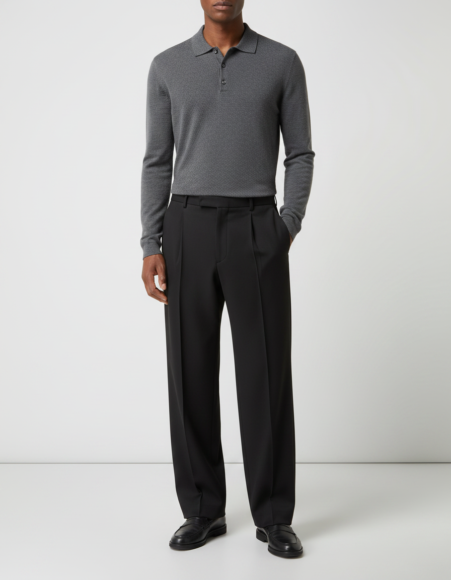 Pantalon À Pince Noir Droit Ample Plissé Élégant - Polyester