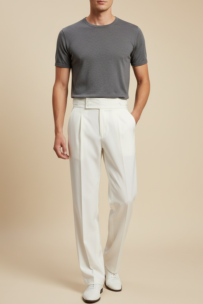 Pantalon À Pince Blanc Plissé Élégant Décontracté Homme - Gabardine