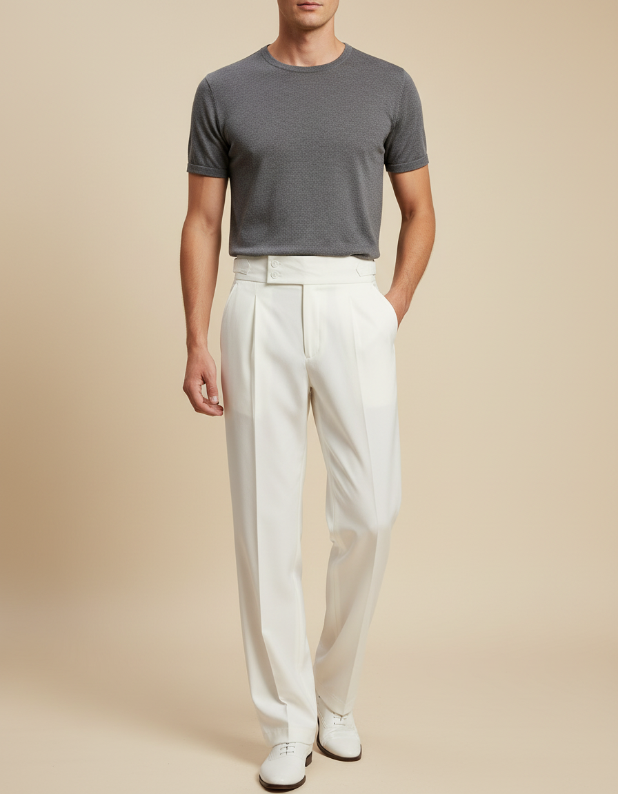 Pantalon À Pince Blanc Plissé Élégant Décontracté Homme - Gabardine