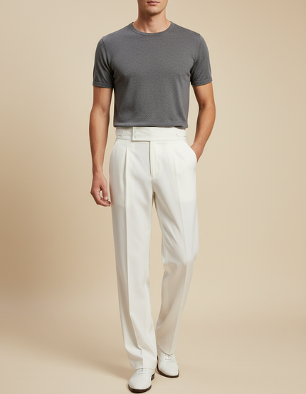 Pantalon À Pince Blanc Plissé Élégant Décontracté Homme - Gabardine
