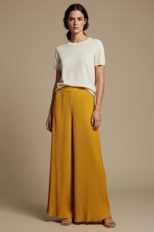 Pantalon À Pince Plissé Ample Jaune Moutarde Fluide - Maille