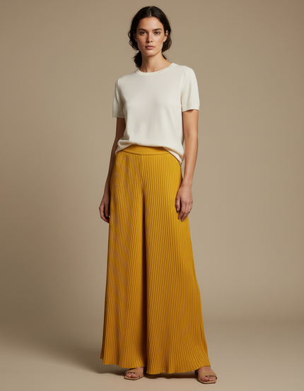 Pantalon À Pince Plissé Ample Jaune Moutarde Fluide - Maille