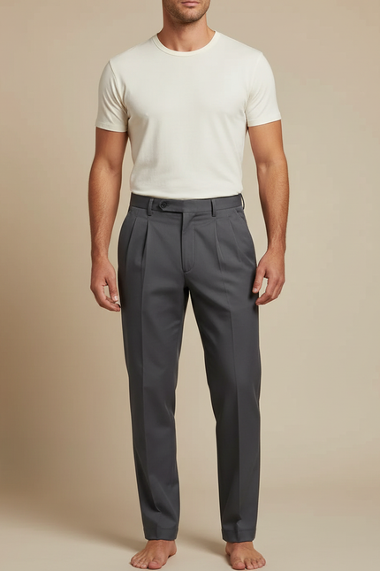 Pantalon À Pince Gris Anthracite Plissé Droit Homme - Gabardine