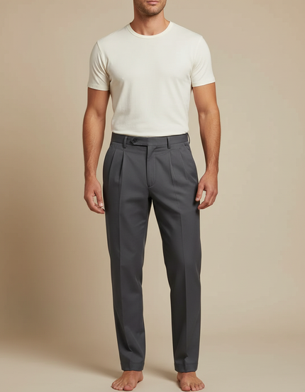 Pantalon À Pince Gris Anthracite Plissé Droit Homme - Gabardine