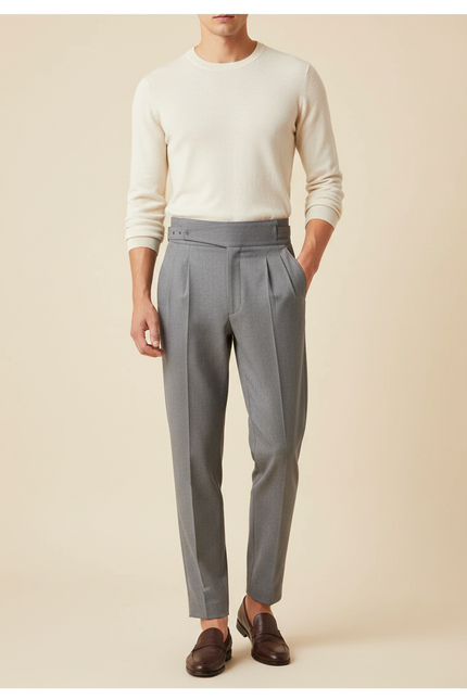 Pantalon À Pince Gris Plissé Taille Haute Slim Fit - Gabardine