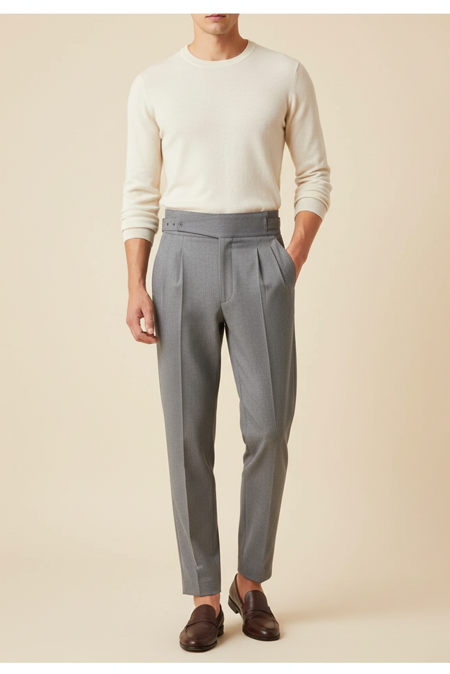 Pantalon À Pince Gris Plissé Taille Haute Slim Fit - Gabardine