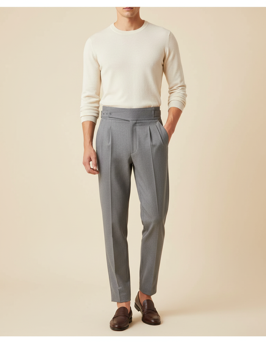 Pantalon À Pince Gris Plissé Taille Haute Slim Fit - Gabardine