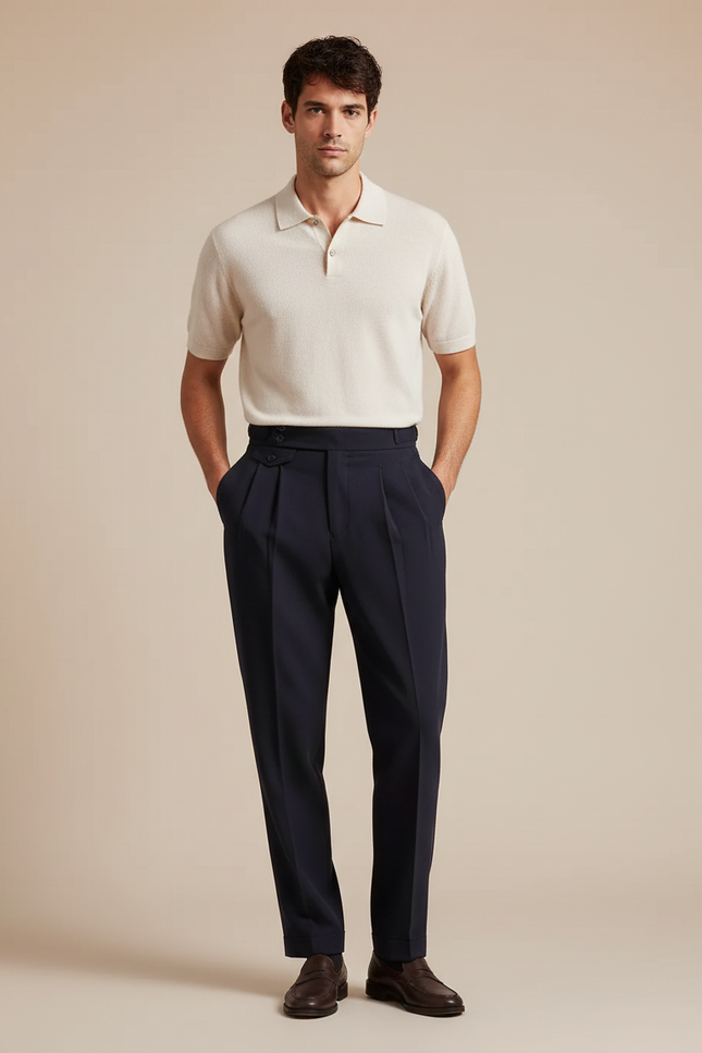 Pantalon À Pince Bleu Marine Plissé Laine Élégant Droit