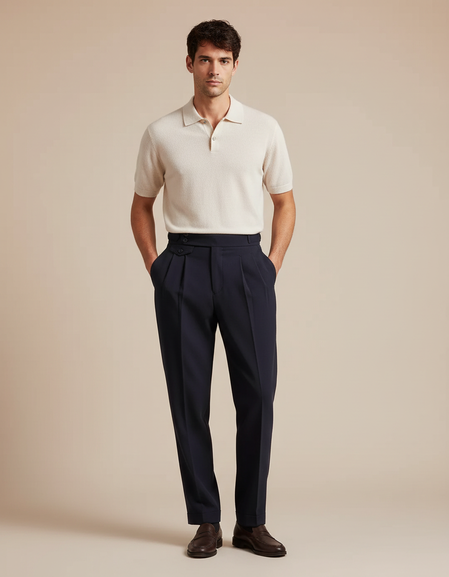 Pantalon À Pince Bleu Marine Plissé Laine Élégant Droit