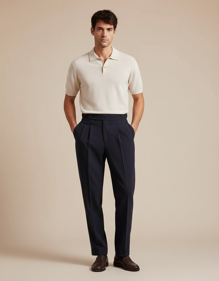 Pantalon À Pince Bleu Marine Plissé Laine Élégant Droit