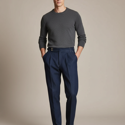Pantalon À Pince Bleu Denim Plissé Homme Élégant - Marine Jean