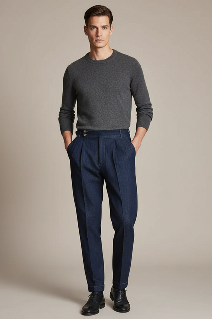 Pantalon À Pince Bleu Denim Plissé Homme Élégant - Marine Jean
