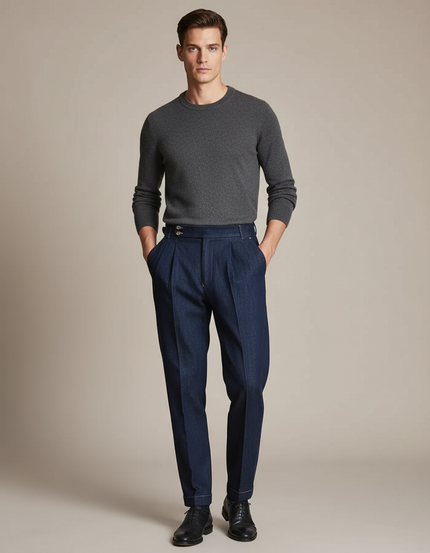 Pantalon À Pince Bleu Denim Plissé Homme Élégant - Marine Jean