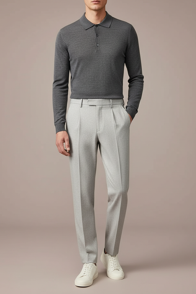 Pantalon À Pince Gris Clair Plissé Coupe Droite Élégant - Gabardine