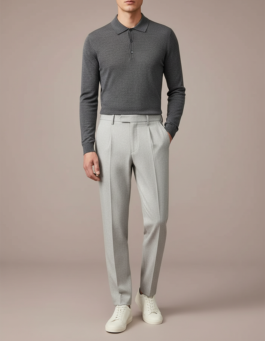 Pantalon À Pince Gris Clair Plissé Coupe Droite Élégant - Gabardine