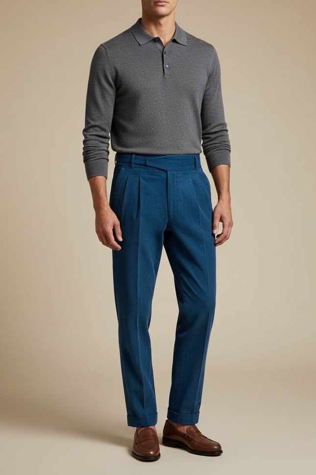 Pantalon À Pince Bleu Côtelé Plissé Homme Élégant - Cordé