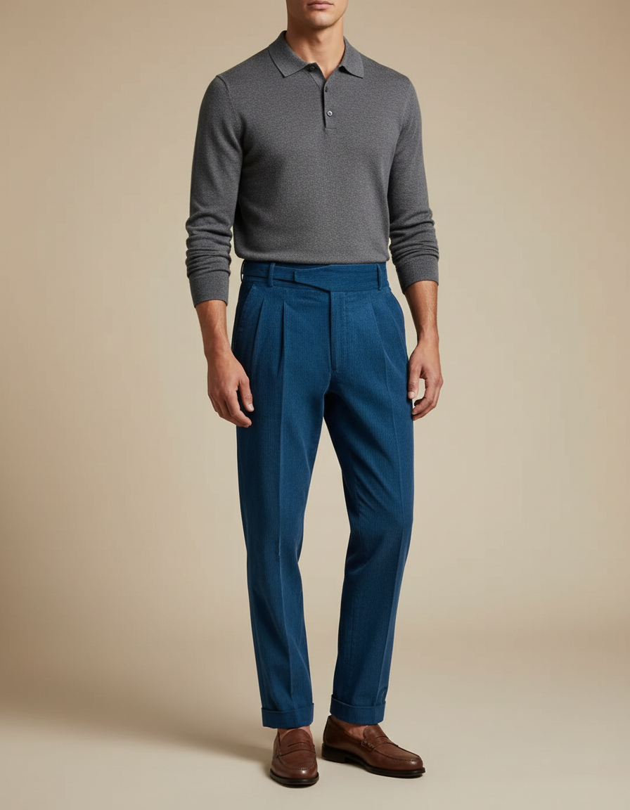 Pantalon À Pince Bleu Côtelé Plissé Homme Élégant - Cordé