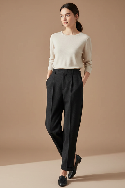 Pantalon À Pince Noir Droit Chaud Décontracté - Laine