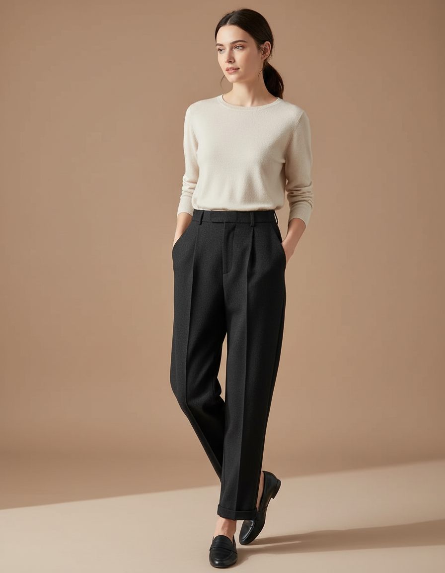 Pantalon À Pince Noir Droit Chaud Décontracté - Laine