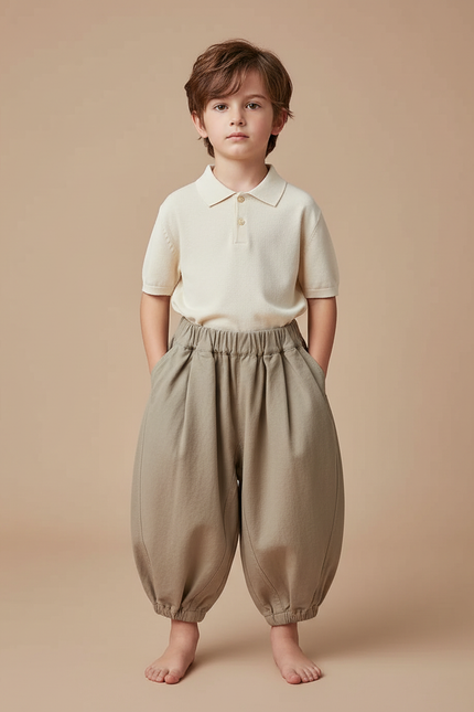 Pantalon À Pince Kaki Ample Coton Enfant Décontracté