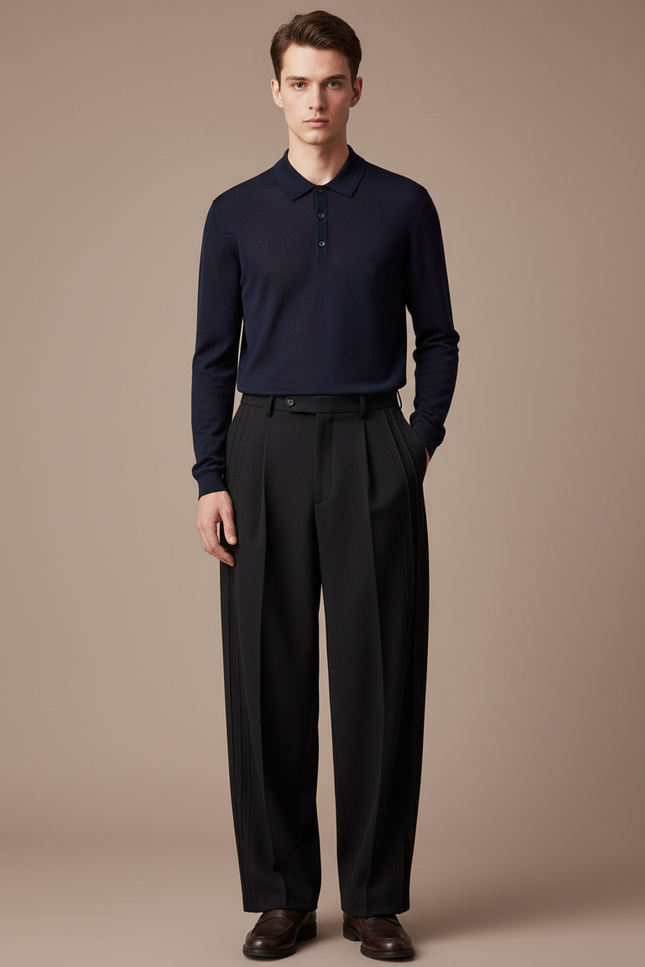Pantalon À Pince Noir Ample Plissé Homme - Laine