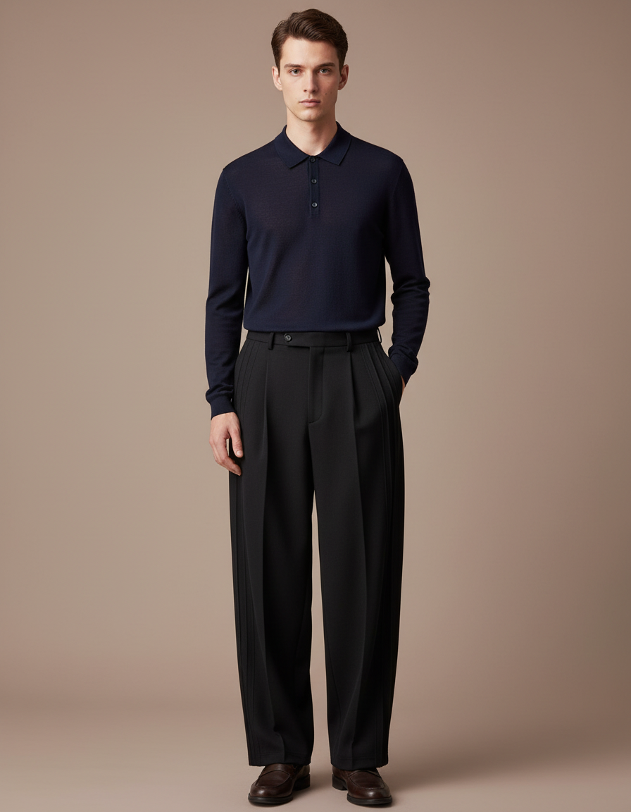 Pantalon À Pince Noir Ample Plissé Homme - Laine