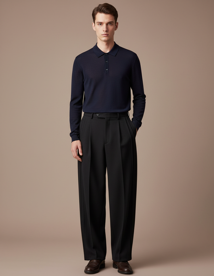Pantalon À Pince Noir Ample Plissé Homme - Laine