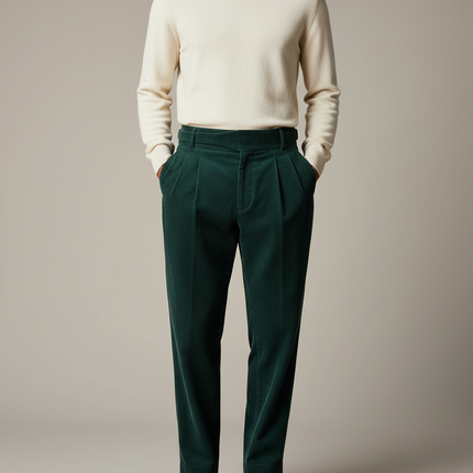 Pantalon À Pince Vert Côtelé Plissé Homme Droit - Cordé
